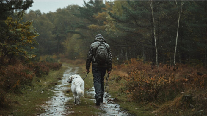 The dog needs to be walked even in the rain, but some chores must be delayed due to bad weather.