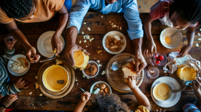 A family enjoying porridge for breakfast.
