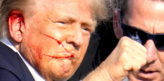 Former President Donald Trump moments after he was shot in an attempted assassination.