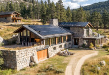 The solar panels on this mountain home can probably produce 100 or more kilowatt hours on a sunny day.