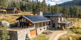 The solar panels on this mountain home can probably produce 100 or more kilowatt hours on a sunny day.