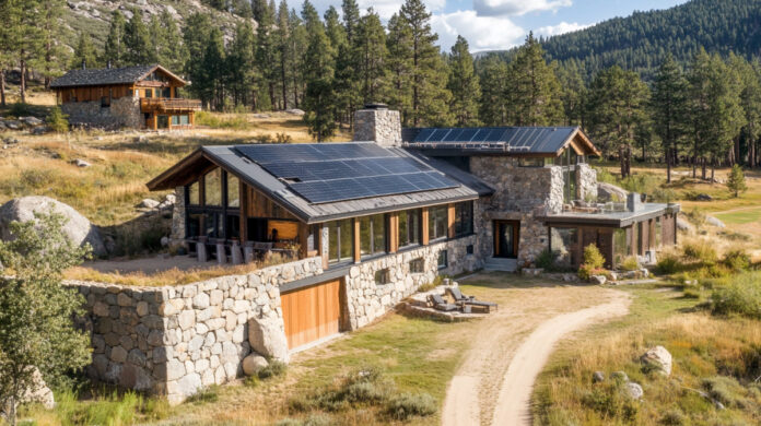 The solar panels on this mountain home can probably produce 100 or more kilowatt hours on a sunny day.