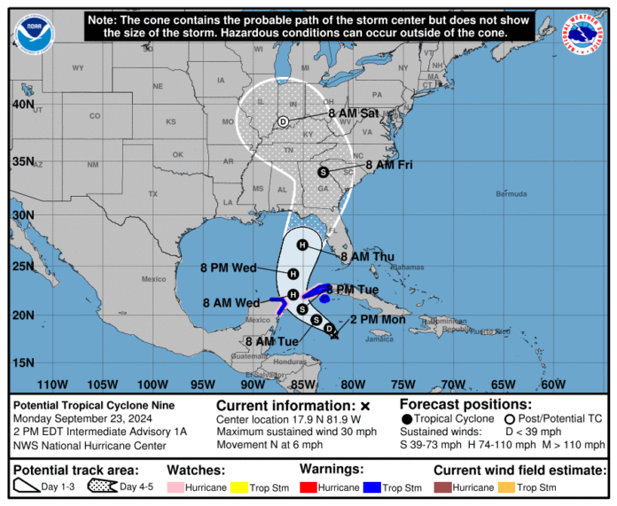 Projected path of a hurricane expected to hit the Gulf Coast on Thursday, Sept. 27, 2024.