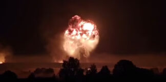 This is reportedly one of many explosions caused by a Ukrainian attack on an Russian arms storage depot.