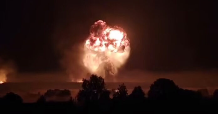 This is reportedly one of many explosions caused by a Ukrainian attack on an Russian arms storage depot.