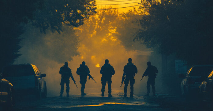 Fictional militia members stand ready to keep gang members and other intruders out of their neighborhood.