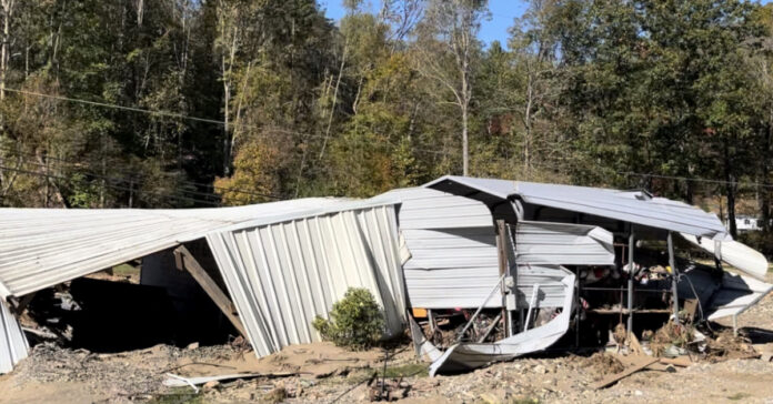 A building on the edge of the flood plane damaged by Hurricane Helene.