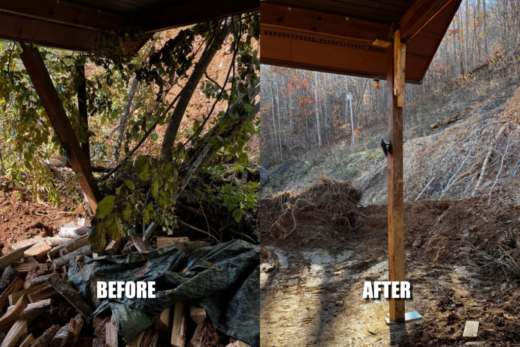 On the left, we see how the landslide knocked over the woodpile, filled the carport with dirt and trees, and over one of the 6"x6" pillars that held up the roof.  The dirt was more than four feet hight.  ON the right, we see it after clean up and a temporary repair. At least we don't need to worry about the roof sagging any longer.