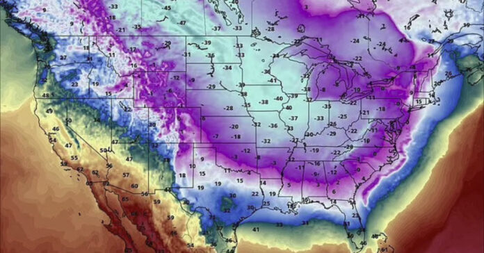 This map shows how much the National Weather Service expects temperatures to vary from normal on Friday, January 10. In a large swatch of the country, expect temperatures 20 to 40 degrees colder than the average for that date.