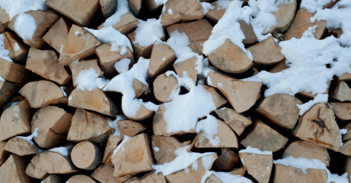 A stack of firewood in the snow.