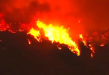 Flames rushing down a hillside in Los Angeles