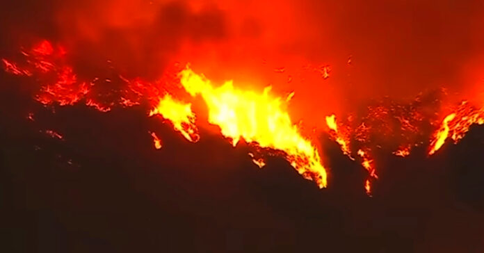 Flames rushing down a hillside in Los Angeles