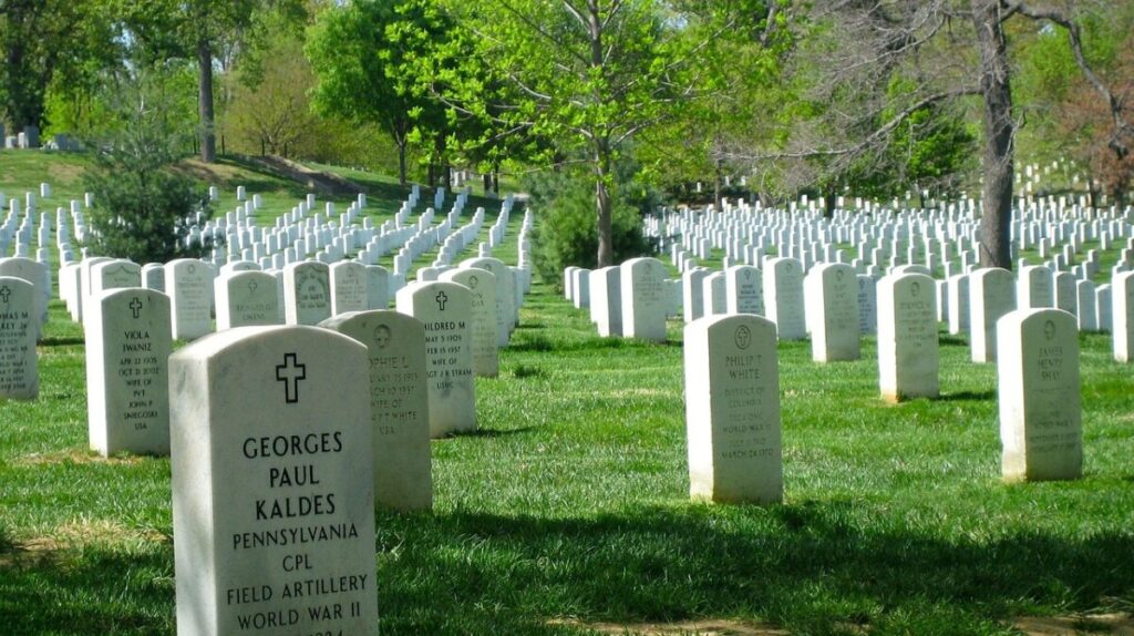 Graves of military service members in Arlington National Cemetery.