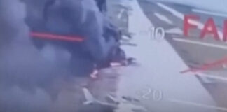Footage from a video showing burning bombers at a Russian airbase after a Ukrainian drone attack.