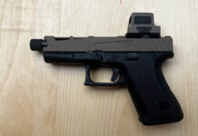 The frame 0of this pistol is from a 30-year-old Glock 23. The slide, 9mm barrel and Hol0oson 509T optic are brand new. This conversion updates an old .40 caliber gun into a modern, optic-ready 9mm.