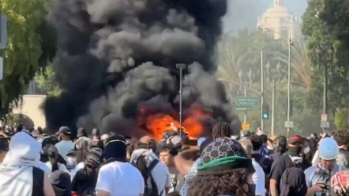 A scene from protests/riots in Los Angeles this weekend.