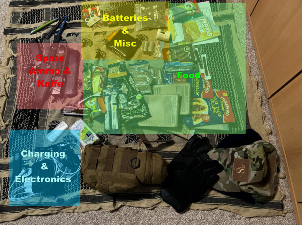 This is everything that came out of Pet's old EDC bag and went into his new one.  Food, water, and ammo are Pete's priorities.