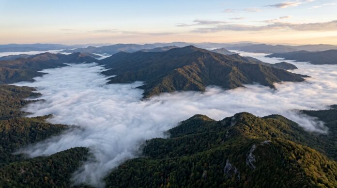 Aerial_view_of_the_Appalachian_202605261513 Fog engulfs the mountains. When not in a drought, the Appalachians can be a temperate rain forest.