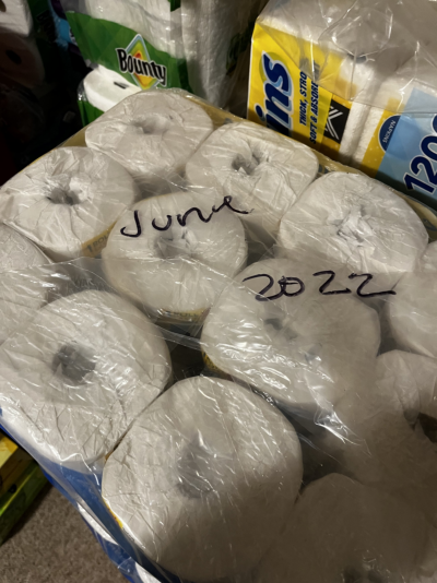 We just opened this big pack of toilet paper in the paper products section of our storeroom,