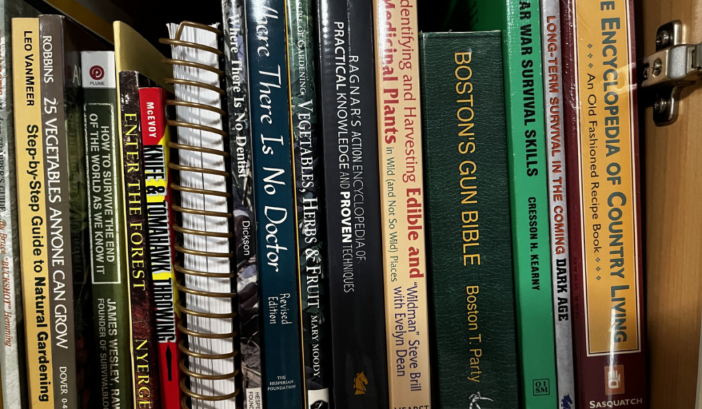 A section on Pete's eclectic survivalist bookshelf